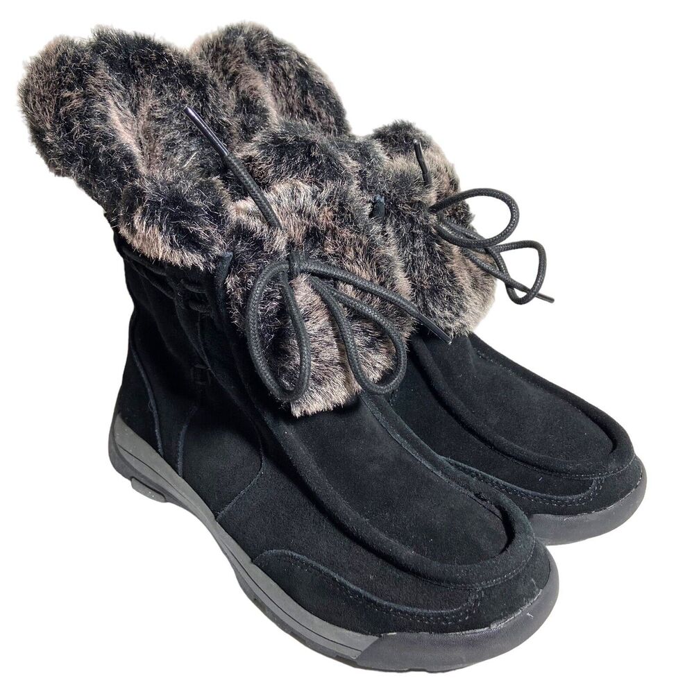Lands End Women's Black Suede Winter Boots Size 7 B Faux Fur Trim Cold Weather